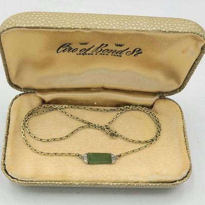 Vintage 14k white and yellow gold Jade and Diamond necklace