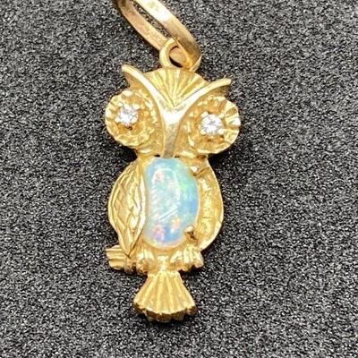 14k Gold Opal & White Sapphires Owl Pendant