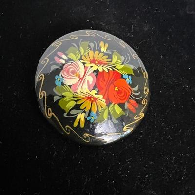 Antique Signed & Hand-Painted Russian Lacquer Brooch