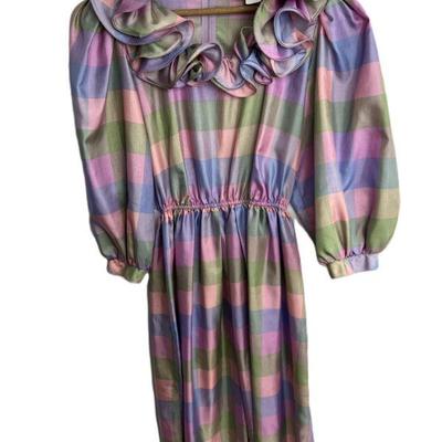 Vintage Early 1980s Donna Morgan For Non-Stop Pastel Plaid Ruffle Dress, Size 8