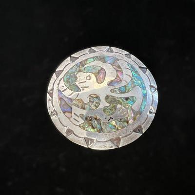 Vintage Mexican Signed Sterling Silver & Abalone Traditional Design Brooch