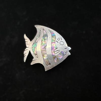 Sterling & Abalone Angel Fish Pin Signed MR Mexico