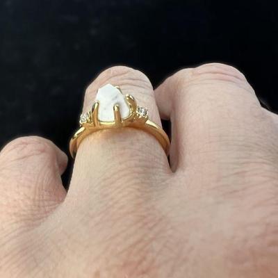 Gold Tone Ring With Marble Stone & CZ Accents, Size 7