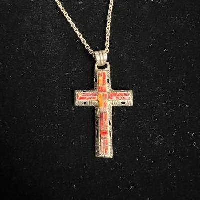 Vintage Sterling Silver & Coral Cross Necklace
