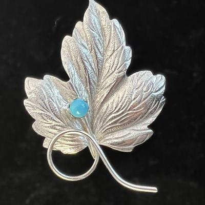 Vintage Leaf Brooch With Turquoise Bead & 12k Gold Filled Stem