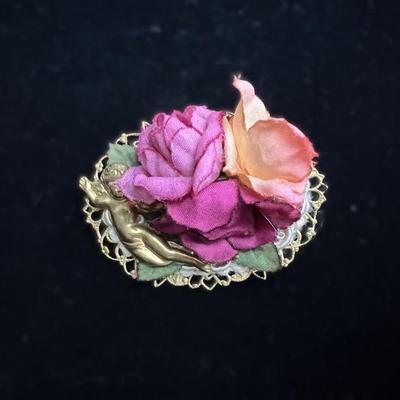 Victorian Style Vintage Cherub & Rose Brooch