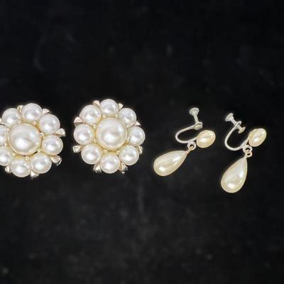 Two Pairs Vintage Faux Pearl Design Earrings - Clip-on & Screw-back