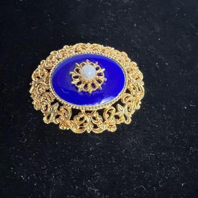 Vintage Victorian Revival Blue Enamel & Gilt Metal Brooch