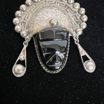 Mexican Onyx & Silver Mayan Face Brooch