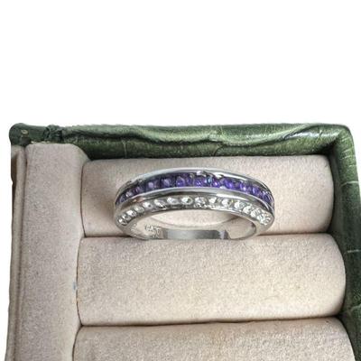 Faux White Gold Channel Set Amethyst Ring, Size 8.5