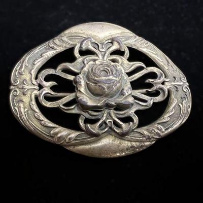 Antique Art Nouveau Repousse Brass Rose Brooch