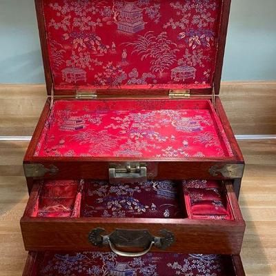 INSIDE OF CHINESE ROSEWOOD VINTAGE JEWELRY CHEST