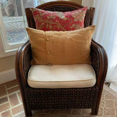 STURDY WICKER PATIO CHAIR (2 AVAILABLE), PILLOWS (2 EACH)
PILLOWS SOLD SEPARATELY