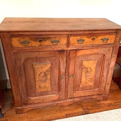 Antique 19th c. sm. size sideboard in chestnut, walnut and carved burl panels. Wd 45â€, ht. 36â€, 18â€ deep. Nice foyer cabinet