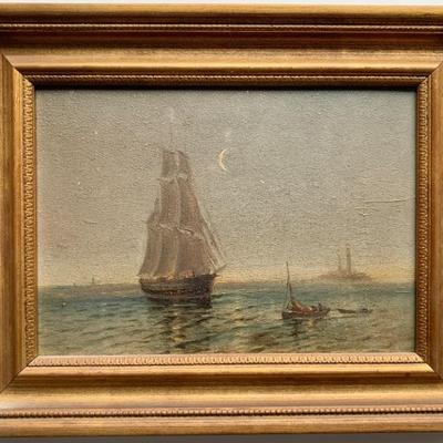 Antique nocturnal maritime o/b painting. Unsigned, 8 x 11 1/2â€