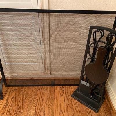 Fireplace screen black wrought iron and fireplace tools