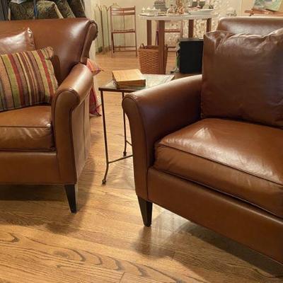 Set of Library Nutmeg Leather Chairs, Espresso legs and footstool by Crate & Barrel, The Vintage Collection