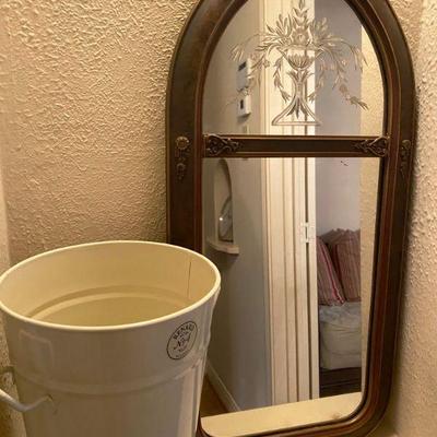 Antique etched mirror and Restoration Hardware Flower Bucket