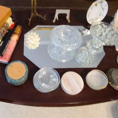 Mirror for top of dresser or table and glassware