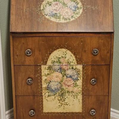 Vintage Burled Wood Arts & Crafts Desk w/ Flowers