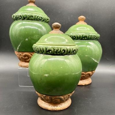 (3) Green Ceramic Florentine Canister Set