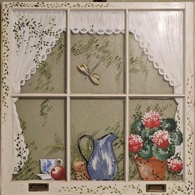 Vintage 6-Pane Window, Country Scene Hand Painted