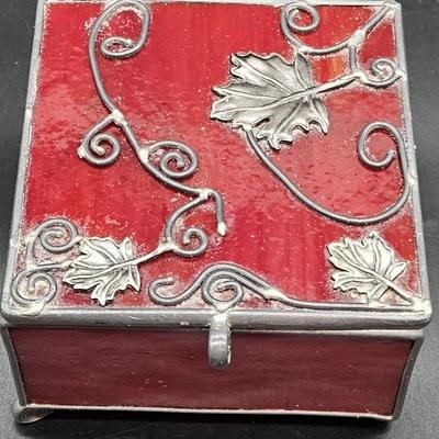 Red Glass Trinket Box w/ Silver Metal Overlay