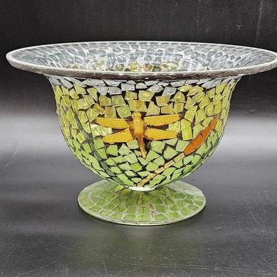 Mosaic Glass Dragonfly Footed Centerpiece Bowl