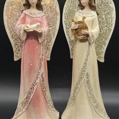 Pair Resin 15in Musical Angels Figurines w/ Timer