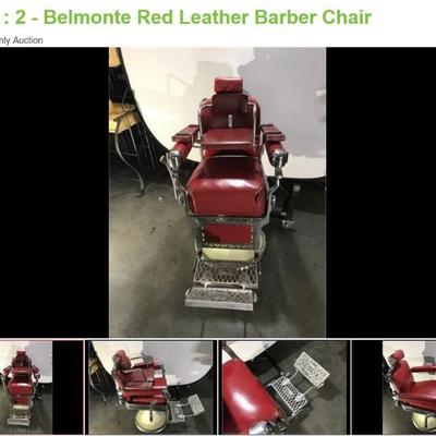 Lot # : 2 - Belmonte Red Leather Barber Chair
includes child booster seat and headrest, chrome appears to be in good shape. Measures: 27