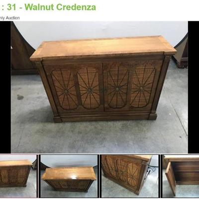 Lot # : 31 - Walnut Credenza
Banded Birds Eye Maple top, 2 metal and wood panel doors, original hardware Measures: 40