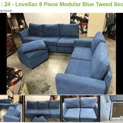 Lot # : 24 - LoveSac 6 Piece Modular Blue Tweed Sectional
can be rearranged to suit your room, back and arms are removable, storage under...