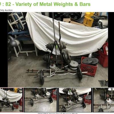 Lot # : 82 - Variety of Metal Weights & Bars
weight stand, dumb bell, curling and straight bars and variety of weights
