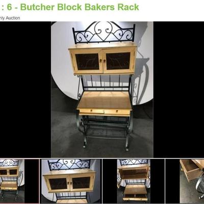 Lot # : 6 - Butcher Block Bakers Rack
Bread box 2 door top, 2 drawers under butcher block top Measures: 27 1/2