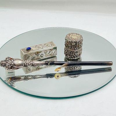 Lot of 3 Antique Sterling Silver Collectables- Engraved Lipstick Case w/ Mirror & Lapis Stone, Repousse Thread holder or Pillbox,...