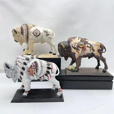  Lot of 3 Limited Edition Buffalo Sculptures- Native American Themed and Artist Signed