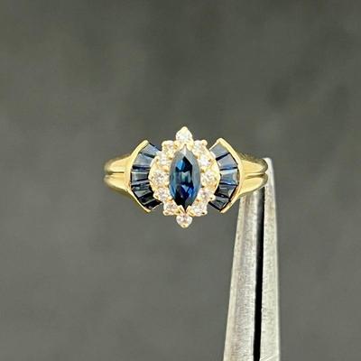  14K Gold Ring w/ Marquise Shaped Blue Sapphire Center Stone and Diamonds- Size 6