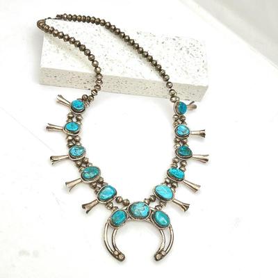  Z Otero Signed Squash Blossom Necklace in Sterling Silver and Turquoise Stones