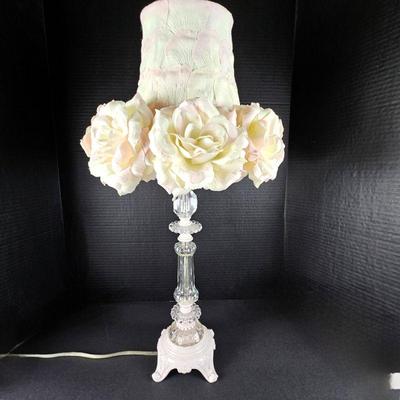  Romantic Shabby Chic Cast Iron and Crystal Table Lamp with Rose Petal Shade by Maura Daniel 25" Tall