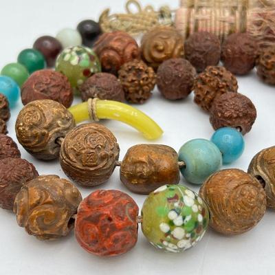 Rare Find! Antique Chinese Ceremonial Beads- Hand Carved Wooden, Glass and Pit Beads-