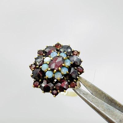 Antique German Garnet & Opal Floral Cluster Ring 14k Gold -Size 7