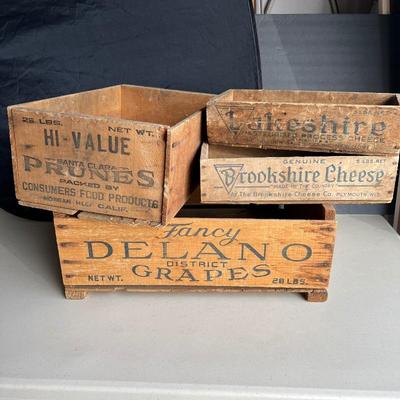 1900â€™s Wood Crates-Brookshire Cheese, Delano Grapes, Santa Clara Prunes, Lakeshire Cheese