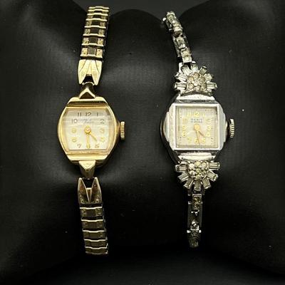 Lot of Two WORKING Vintage Ladies Wristwatches- "Rulon" Swiss 17 Jewel & "Merit" 15 Jewel w/ Rhinestone