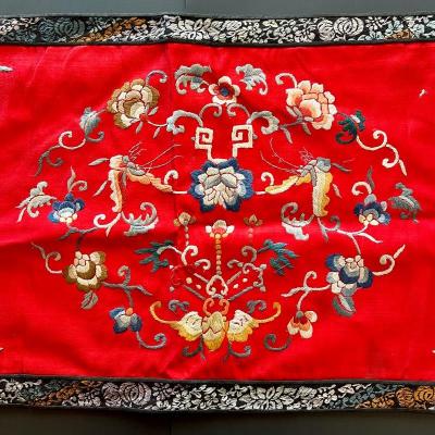  Antique 19th Century Chinese Red Satin Stitch Brocade Silk Panel / Altar Cloth w/ Flowers & Butterflies.Â  43