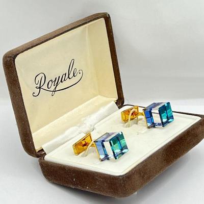 Whimsical Vintage 1950s Prism Cube Crystal Cufflinks w/ Gold Tone Clip
