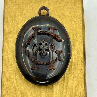 1800s Victorian Tortoise Shell Mourning Locket with Raised Lettering and Actual Hair inside