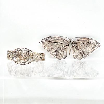 Stunning Antique Sterling Silver Filigree Butterfly and Matching Bracelet