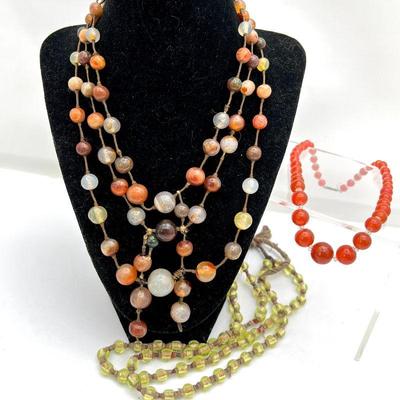  Antique 19th c East Indian Lot of 3 Beaded Necklaces- Carnelian, Peridot, Coral, Agate