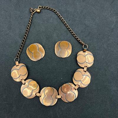 Groovy Copper Necklace & Clip on Earring Set -Cir 1960s