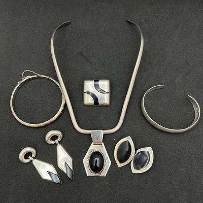  Vintage Sterling Silver and Onyx Jewelry Set- Earrings, Necklace & Pendant, Brooch/Pendant, & 2 Bracelets